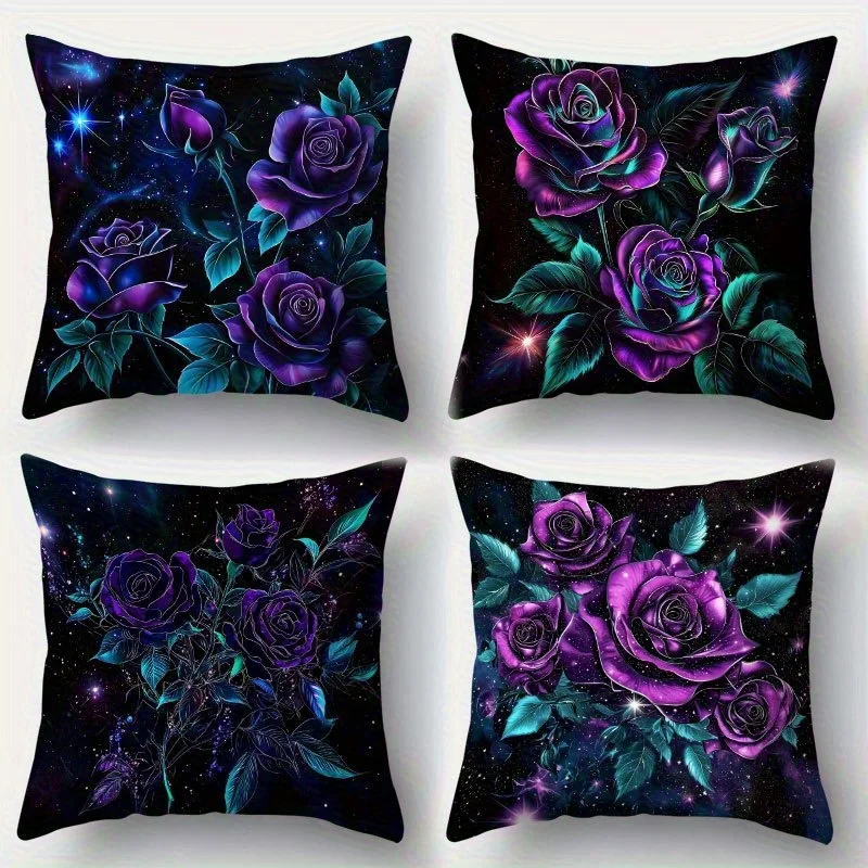 Fundas de almohada Galaxy Purple Rose, fundas de almohada decorativas florales con diseño de noche estrellada, fundas de cojines místicas para decoración del hogar, 4 piezas