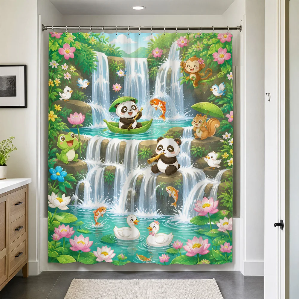 Waterproof Cute Panda Waterfall Shower Curtain for Kids Bathroom Decor Tropical Floral Cartoon Art Family Gift Home Tapestry