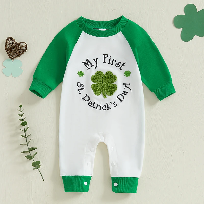 Baby Irish Day Romper Casual Letter Print Clover Pattern Contrast Color Long Sleeve Jumpsuit for Toddler Cute Clothes