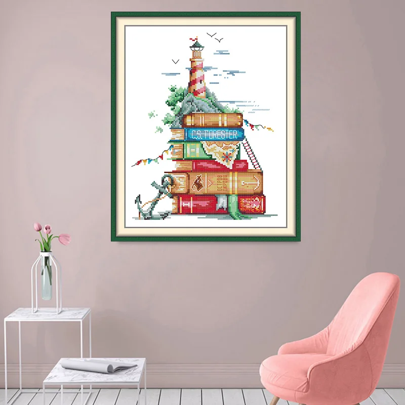 Joy Sunday Sailing Story Cross Stitch Kit Lighthouse Books Anchor 11CT 14CT 16CT Cotton Thread DIY Handmade Embroidery Decor