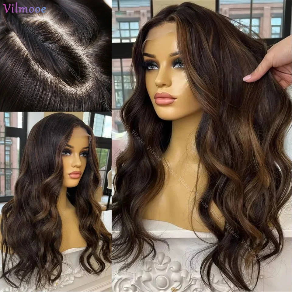 

Body Wave Silk Base Lace Front Wig Highlight Darkest Brown Human Hair Pre Plucked 5x5 Scalp Cap Ombre Lace Closure Wig for Women