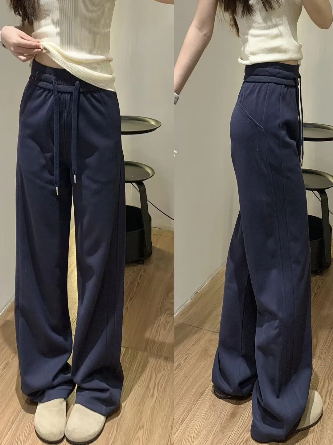 

Женские спортивные брюки Slim Fit с высокой талией, королевский синий цвет, повседневные, прямые, широкие штанины, осень-зима, новинка