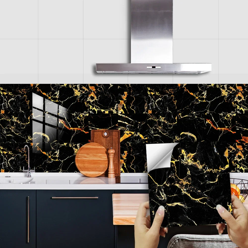 10pcs Black & Gold Marble Tiles Sticker Kitchen Backsplash Oil-proof Cupboard Washbasin Peel & Stick Waterproof Art Wall Decals