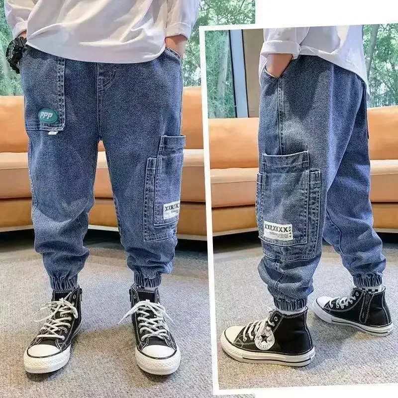 Young Boys' Jeans Cargo Cuffed Pants Children's Clothing Spring Autumn Elastic Waist Label Pockets Causal Fashion 5-12 Yrs