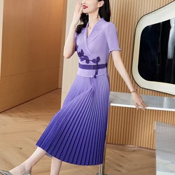 2024 Elegant Women Notched Collar Pleated Dress New Miyake Summer Purple Beading Floral Short Sleeve High Stretch Midi Vestidos