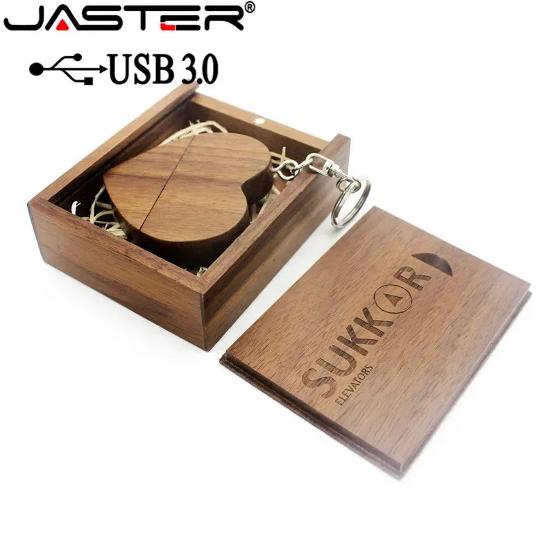 JASTER USB 3.0 with box wooden love heart model usb flash drive memory Stick 64GB 16GB 32GB 4GB wedding gifts free custom logo