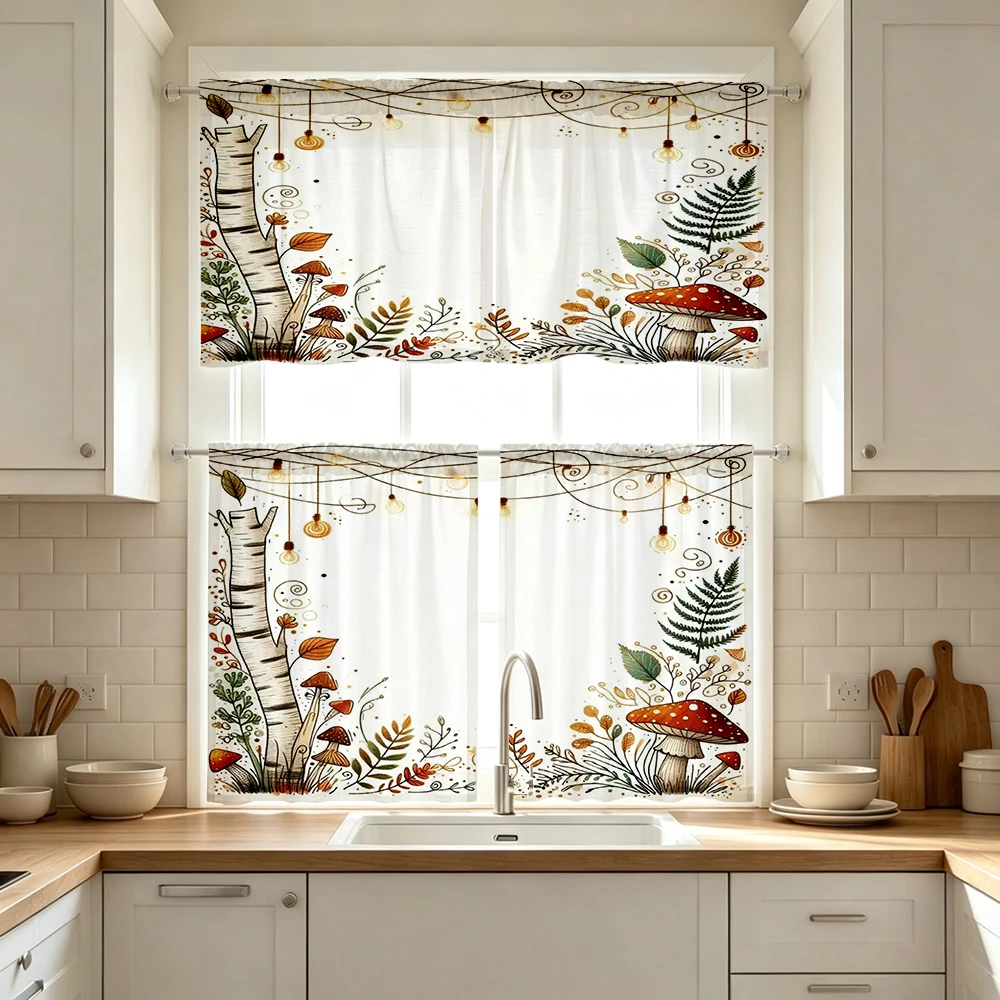 Fall Kitchen Curtains, Birch Tree Mushrooms Fern, Digital Print, Kitchen Dining Room, Rod Pocket Polyester, Home Decor