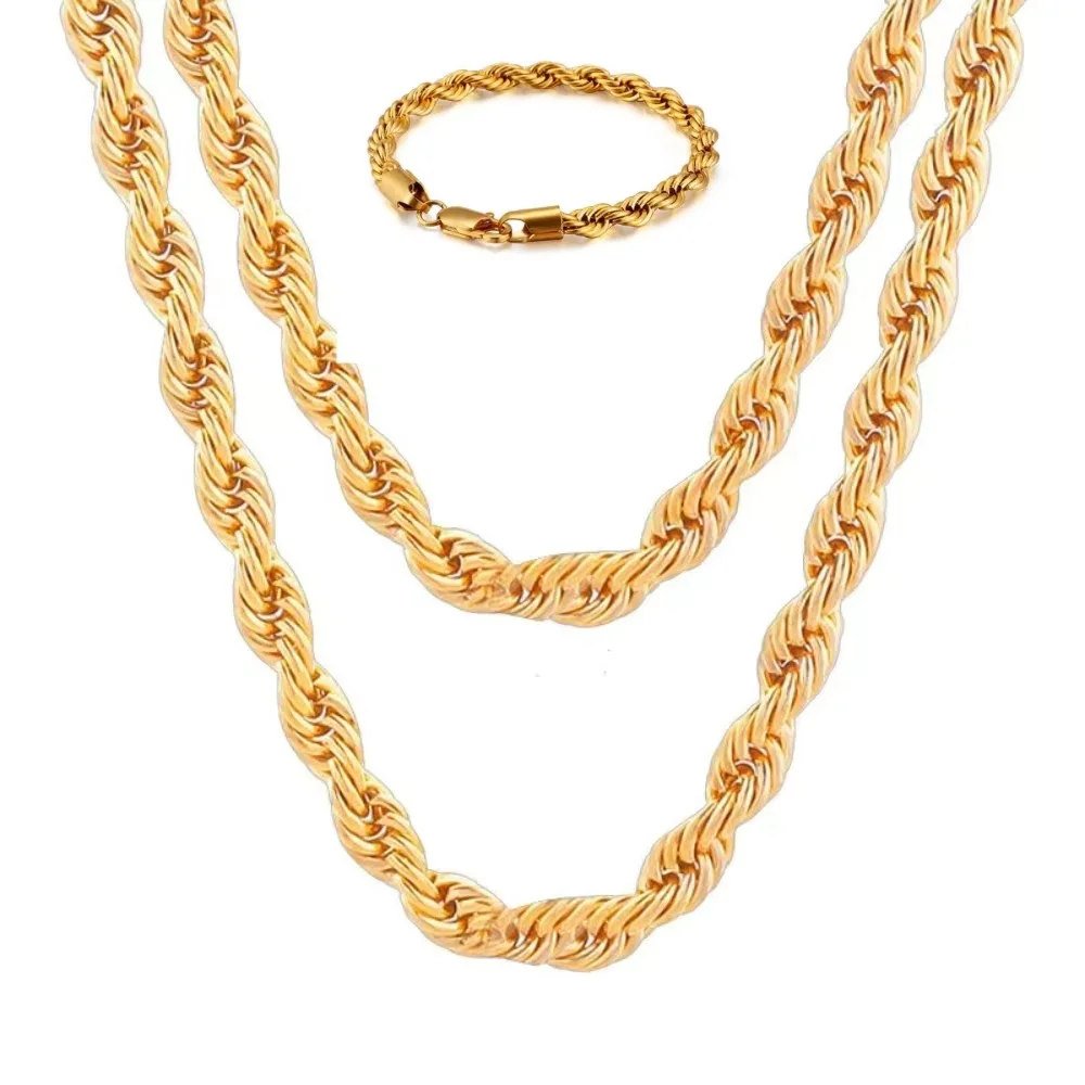 2PCS/Set 18K Gold Classy 4MM Rope Chain Necklace Bracelets Set Fashion For Man Boy Women Christmas Gifts Jewelry Wedding Party