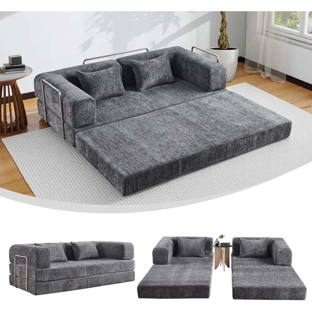 

Convertible Queen Sleeper Sofa with Removable Armrests, Chenille Fabric, Grey