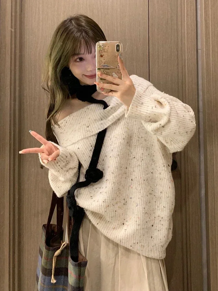 

Off Shoulder Japanese Slash Neck Colored Dot Sweaters Loose Knitted Fashion All Match Tops Y2k Aesthetic Women Grunge Pullovers