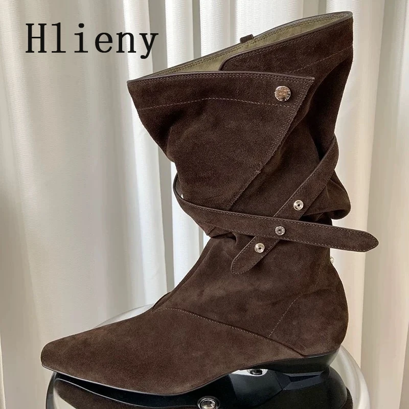 

Hlieny Winter Fashion Vintage Turned over Edge Mid Calf Boots Women Pointed Toe Low Heel Shoes Ankle Boots Zapatos De Mujer