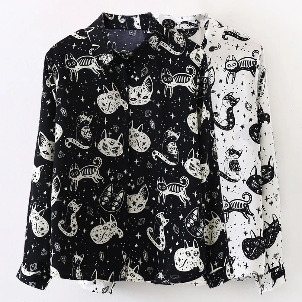 Kitty Print Shirt for Women Long Sleeve Turn-down Collared Button Down Cute Cartoon Blouse Ladies Spring Summer Kawaii Outfit