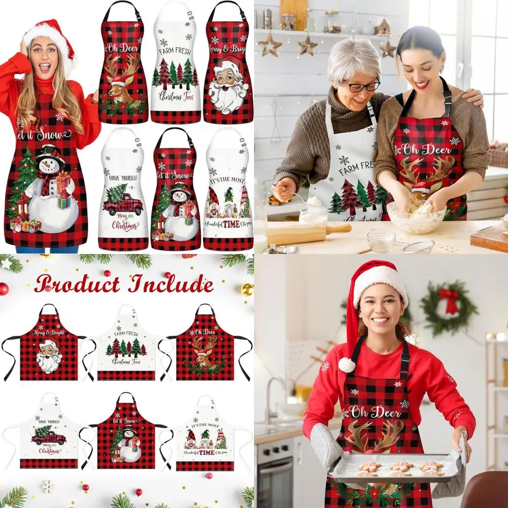 

6-Piece Red & Black Plaid Christmas Aprons Set with Santa, Snowman & Gnome Prints for Holiday Kitchen Fun