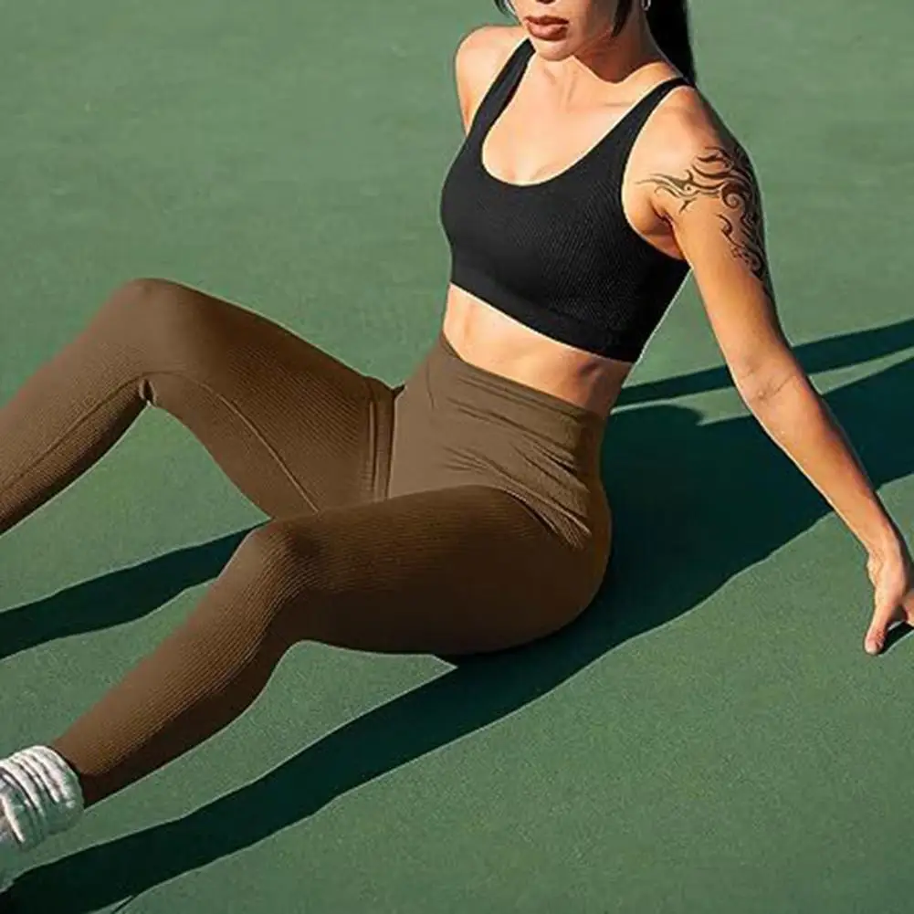 Pantalones de Yoga acanalados para mujer, mallas de Yoga de cintura alta, pantalones de entrenamiento atlético, ejercicio deportivo elegante para interiores, Color sólido