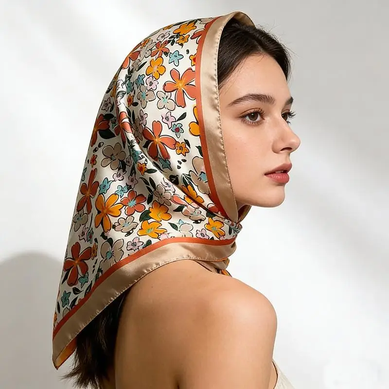 Silky Square Scarf for Women 70cm Floral Print Lightweight Satin Fashionable Bandana Headwear