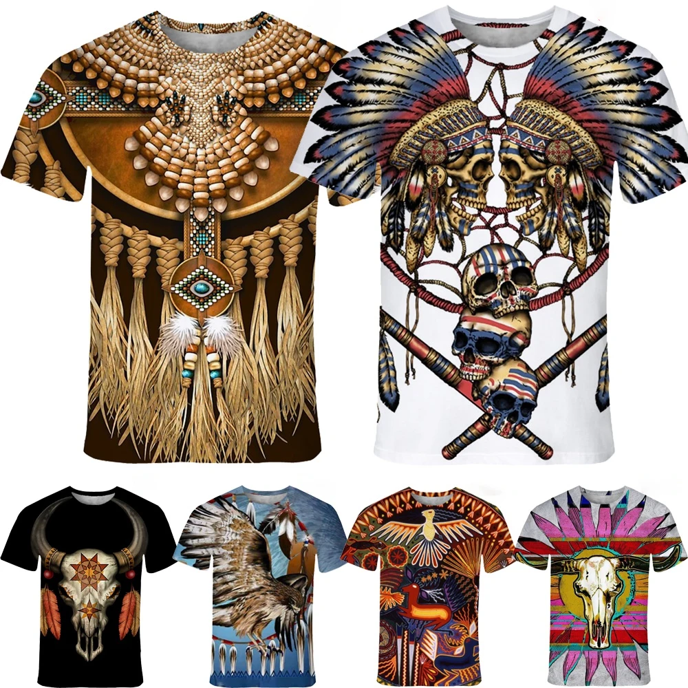 Summer fashion trend 3D printing Indian style printed T-shirt retro pattern short sleeved T-shirt comfortable top