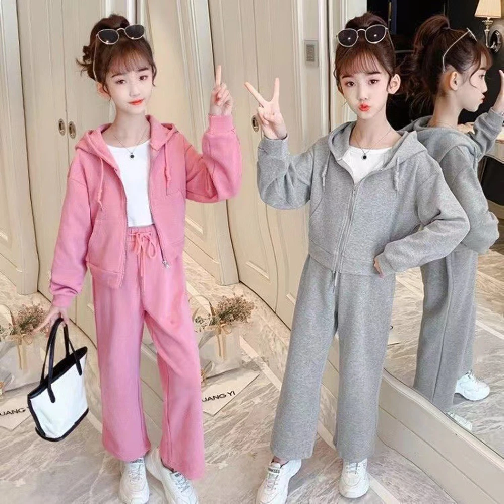Autumn Winter Teenager Girl Children's Clothing Set Kids Hooded Jacket And Sport Straight Pants Combo for Ages 4-15 Year
