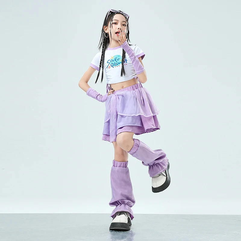 Mädchen niedlichen Streetwear Outfits Kinder Hip Hop Crop Top lila gestufte Röcke Kleidung setzt Kinder Teenager Street Dance Jazz Kostüme