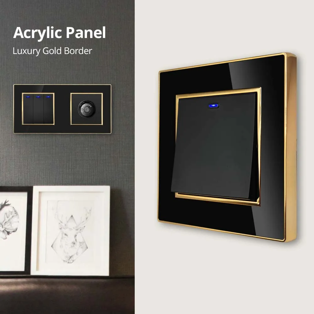 Wallpad Black Acrylic Panel Gold Border Wall Light Switch LED Dimmer USB Charge EU Socket Outlet 5 6 7 8 Gang 2 Way Reset