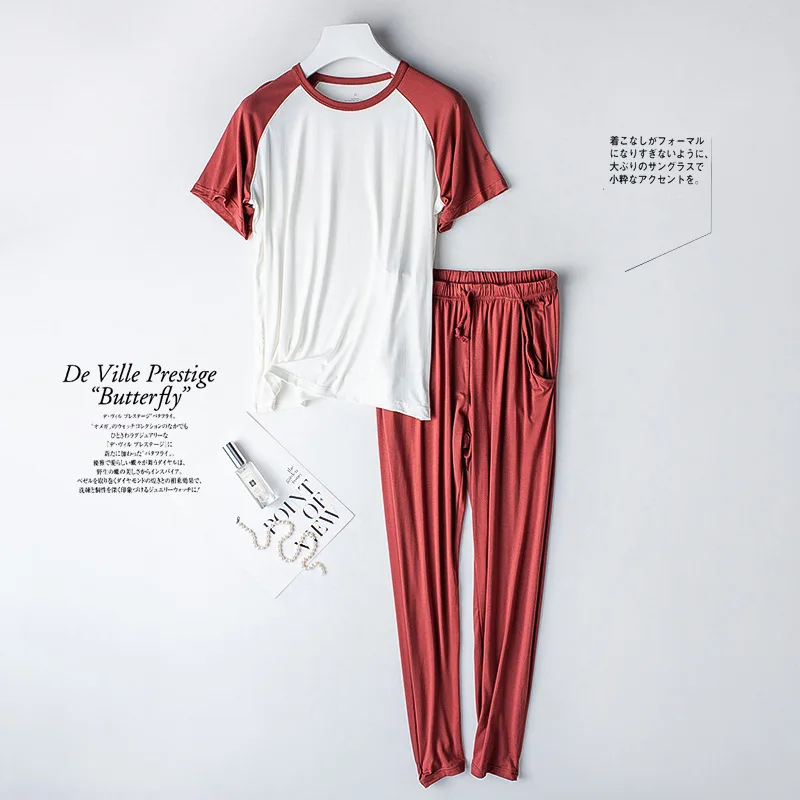 Matching Color Modal Short Sleeve T-Shirt Pajamas Women Spring Summer Home Trousers Suit Casual Loose Sleepwear Set M-3XL