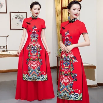 Aodai 원피스 개량 치파오, 베트남 A라인 민속 원피스, 국가 꽃 프린트, 치파오 원피스, 연회 이브닝 원피스, 2024 