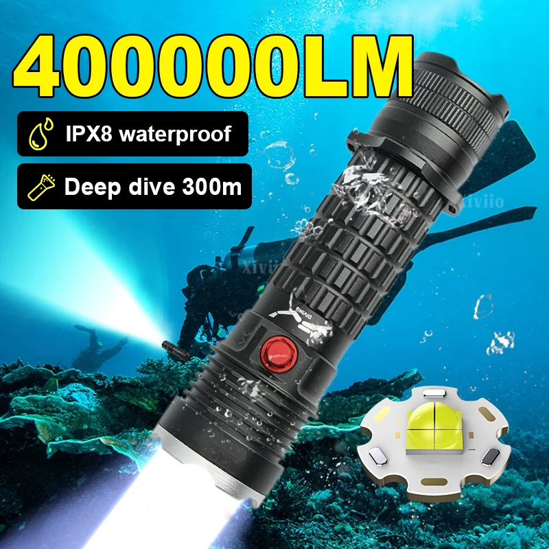 High Power XHP70 LED Diving Flashlight 400000LM Super Bright Underwater Dive Spotlight IPX8 Waterproof Professional Diving Light