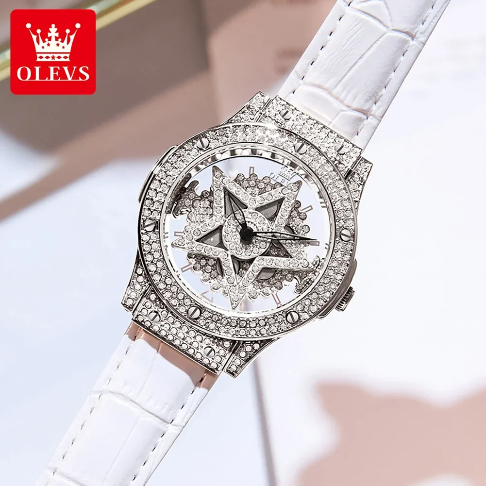 OLEVS 9938 Quartz Watch for Women Luxury Star Snowflake Dial Women's Watches Leather Strap Fashion Ladies Wrist Watches Clock