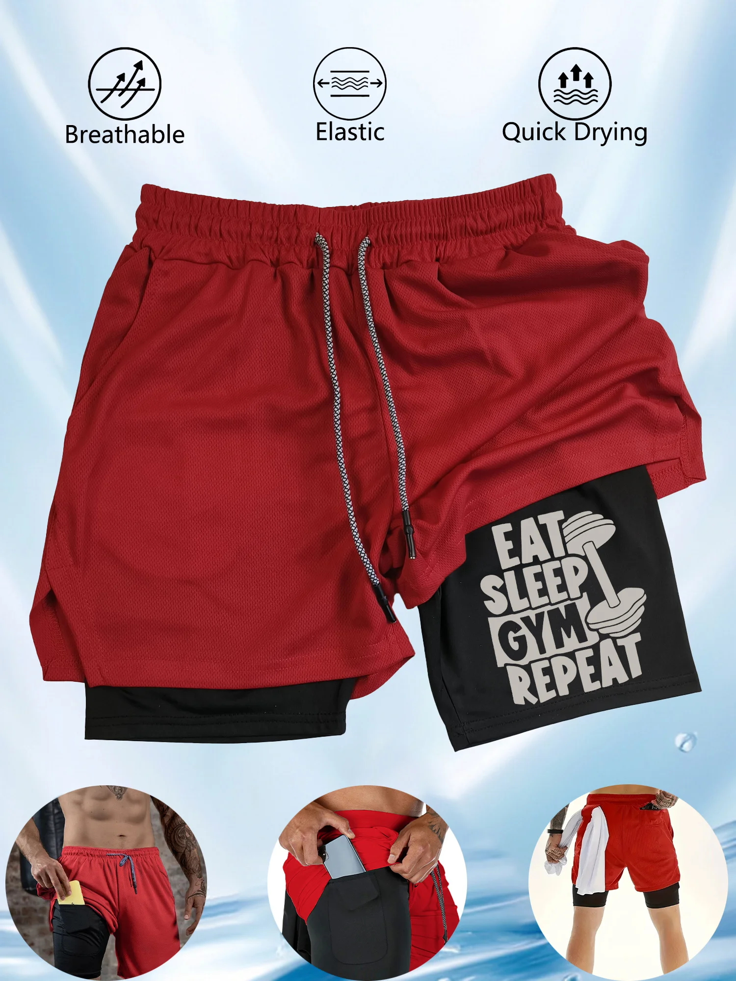 

Летние мужские шорты 2-в-1 с буквенным принтом, быстросохнущие, дышащие и влагоотводящие — незаменимая вещь для фитнеса и тренировок.