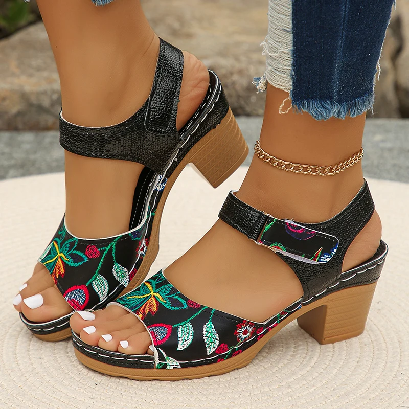 Floral Print High Heels Sandals for Women 2024 Summer Platform Gladiator Sandalias Mujer Lightweight Thick Heeled Sandles Woman