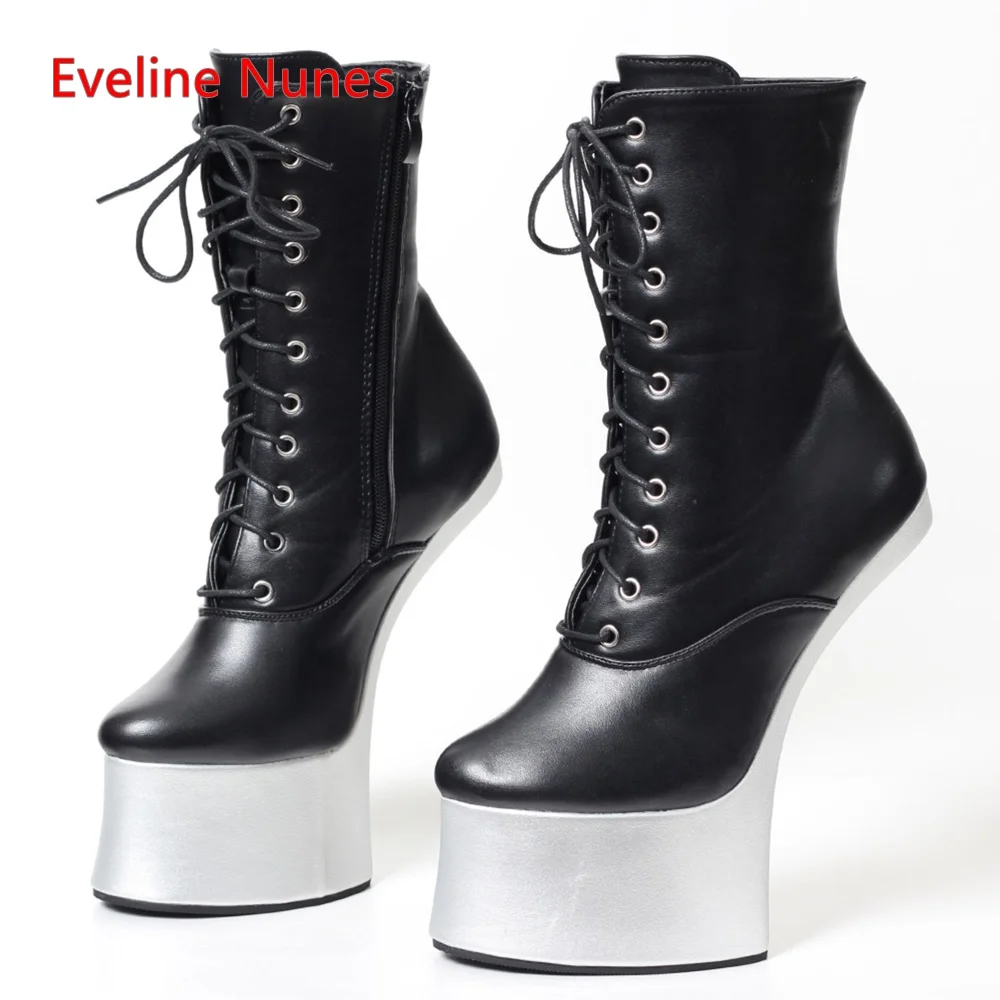 Black Nightclub Mid Calf Boots Women\'s Cross Straps Platform Round Toe Hoof Heel Cosplay Sexy Pole Dance Shoes For footwear