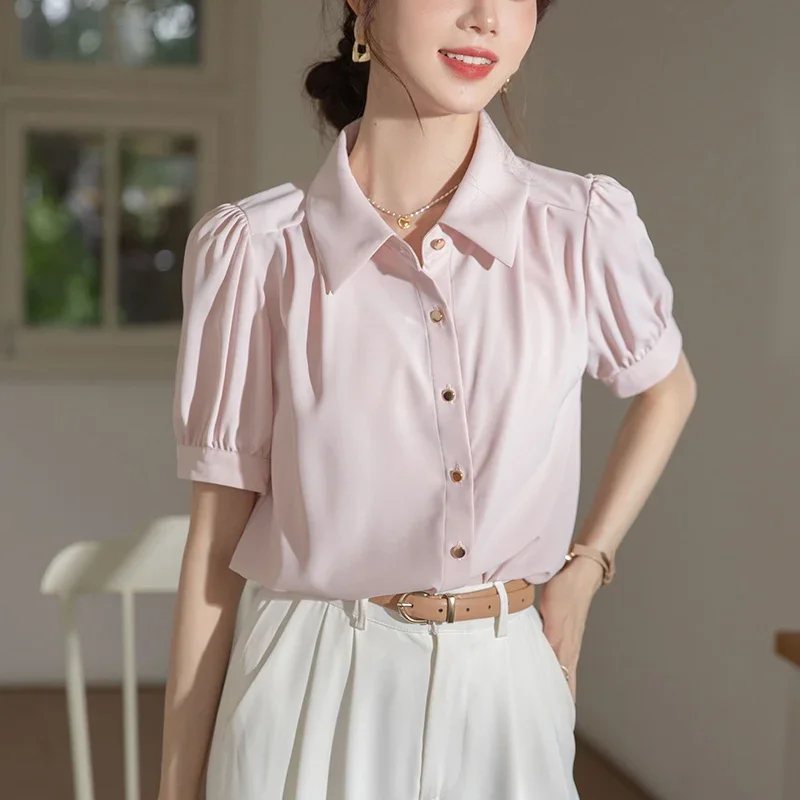 

Chiffon Casual Women's Shirts Summer 2024 Solid Women Blouses Loose Short Sleeves Korean Clothing Sales Polo-neck Pockets Top