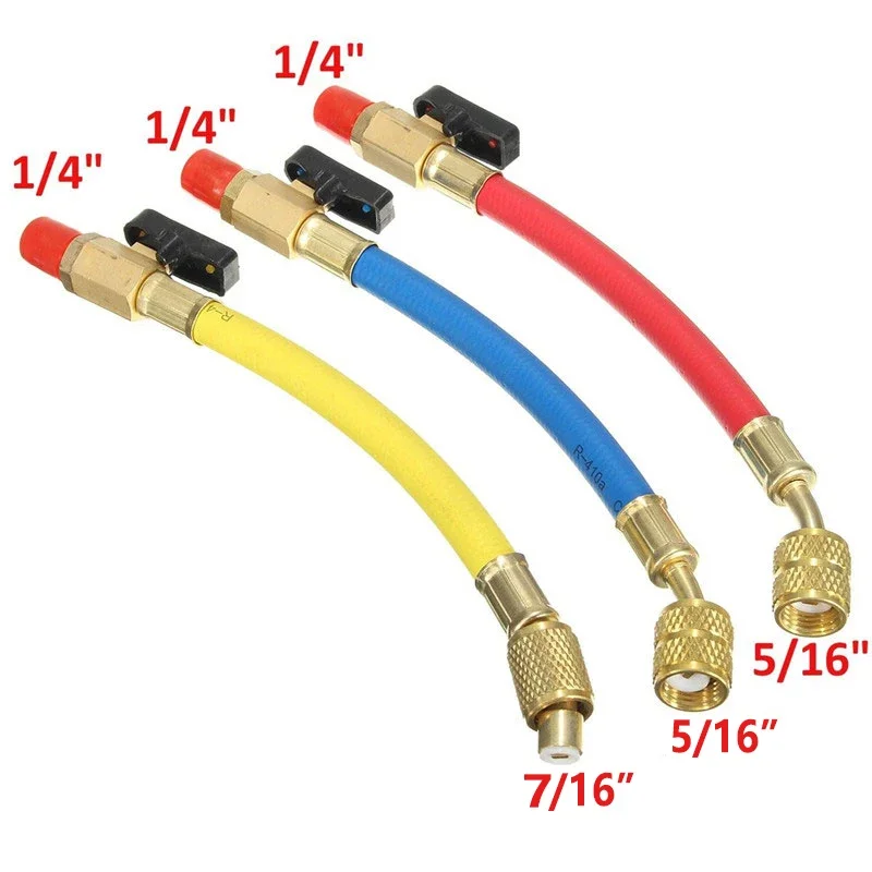 Car Refrigerant Charging Hose with ball valve Tube AC Car Air Conditioning  Charging Manifold Gauge 800-3000PSI 1/4\