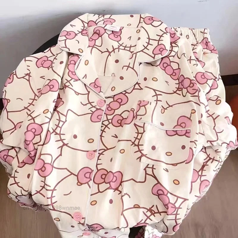 Sanrio Hello Kitty Kawaii Anime Pijamas Set for Women Spring Summer New Kuromi Korean Pyjama Cartoon Y2k Loose Homewear Clothes