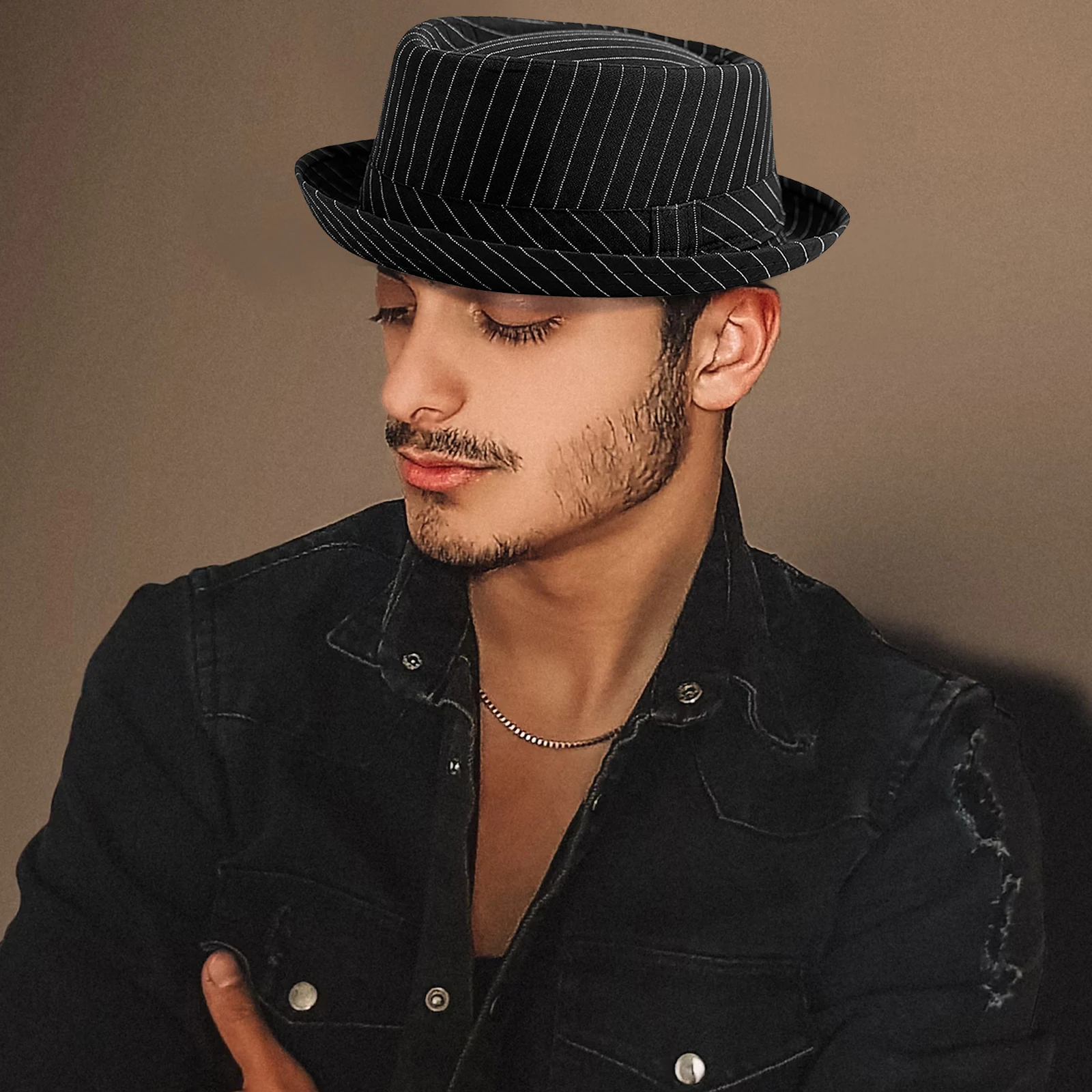 2024 Casual Fashion Men Striped Short Hat Brim Fedoras Classic Neutral Soft Tweed Dress Hat Suitable for Camping and Hiking