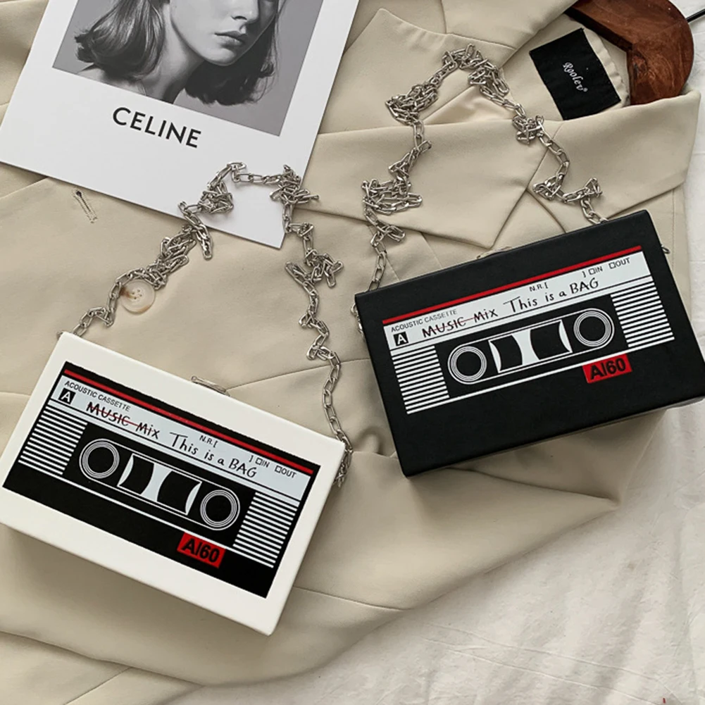 خمر راديو شكل حقيبة حقيبة فاخرة سلسلة صغيرة حقائب كروسبودي بولي Leather الجلود مسجل شرائط طباعة صندوق تخزين حقائب كتف المرأة