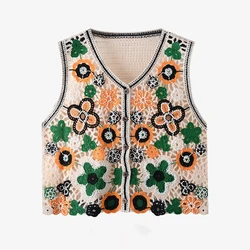 Daisy Crochet Vest for Women Sleeveless Button Down Open-knit Sweater Top Summer Teen-girl Boho Vacation Outfit