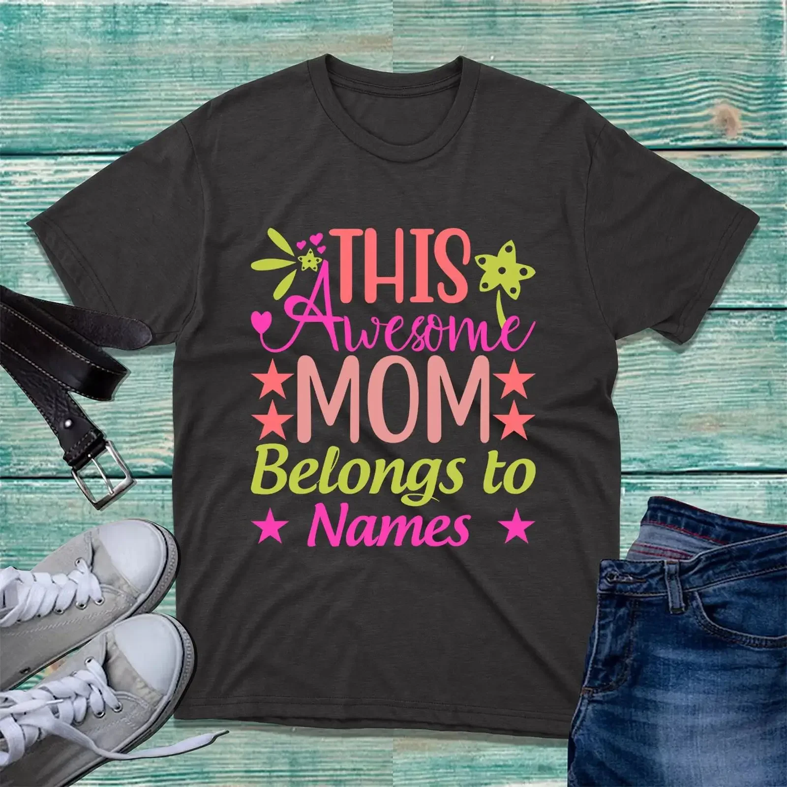 T-shirt personnalisé « This Awesome Mom Belongs To Your Name » pour la fête des mères, style vintage, délavé, extensible, avec motif graphique tendance