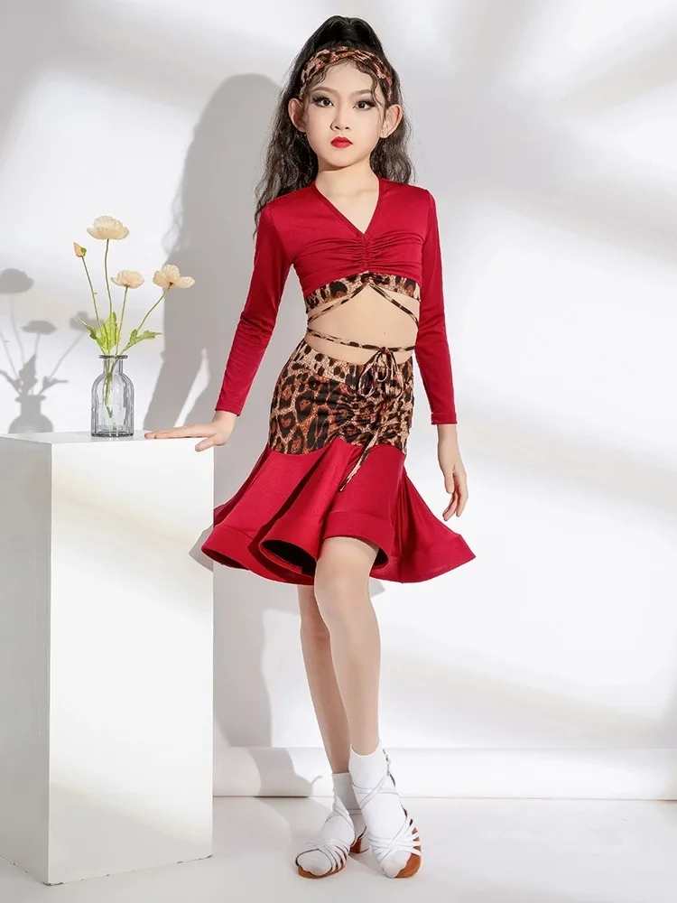 Traje de dança latina leopardo para meninas, saia Cha Cha Rumba Dance para meninas, roupas de performance infantil