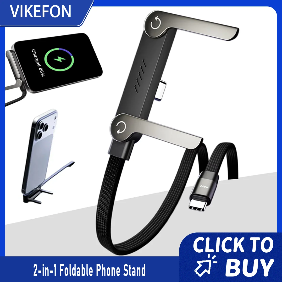 

240 Вт 2-в-1 складная подставка для телефона с быстрой зарядкой и вращающимся на 360 градусов зарядным кабелем для передачи данных, складной держатель для мобильного телефона для планшета