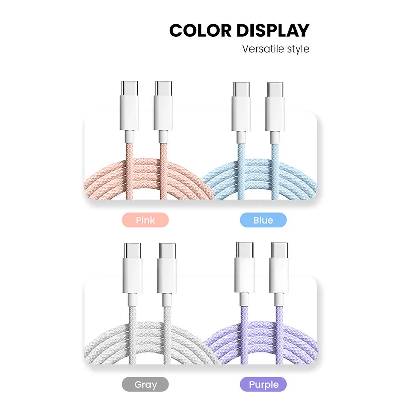 60W 3A USB Type C To Type C Cable Data Line For iPhone 15 Pro Max Xiaomi Poco Samsung Fast Charging Type C Braided Cord Wire