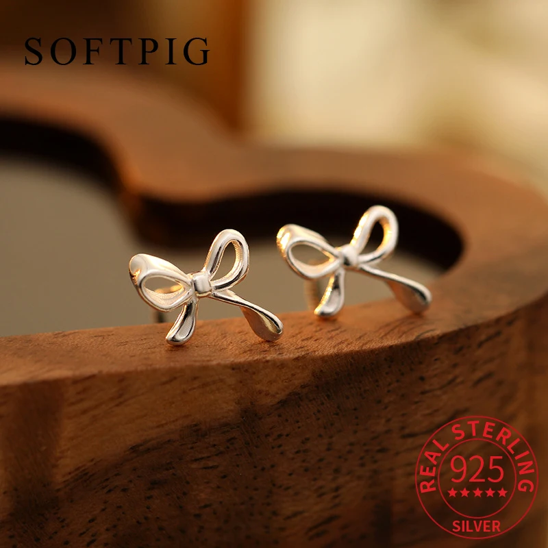 

SOFTPIG Real 925 Sterling Silver Hollow Bowknot Earrings for Elegant Women Cute Party Fine Jewelry Geometric Accessories