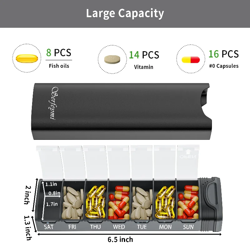 Serfeymi Metal Weekly Pill Organizer - 7-Day Travel Pill Case W/ Spare Gasket | Dosette Box, Tablet & Medicine Holder view 6
