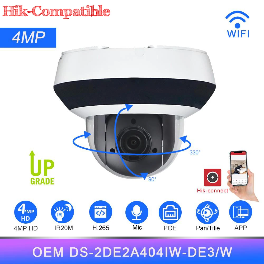 HIK 4MP Wifi กล้อง OEM เปลี่ยน DS-2DE2A404IW-DE3/W 4X ซูมไมโครโฟนในตัว IR20M การรักษาความปลอดภัยการเฝ้าระวังกล้องเครือข่าย