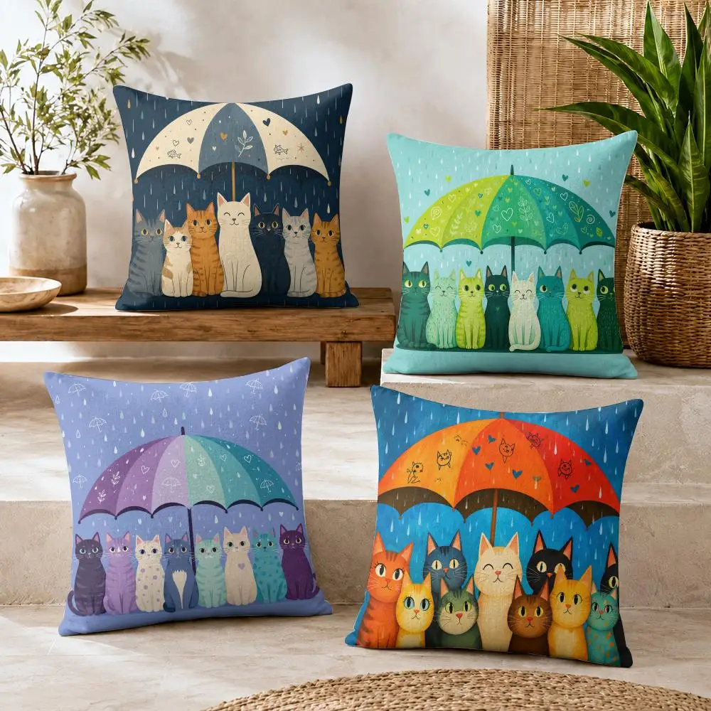 Cushion Cover The Cat Holding an Umbrella Plush Fabric Double-Sided Printed Invisible Zipper Sofa Pillow Case Home Bedroom Decor