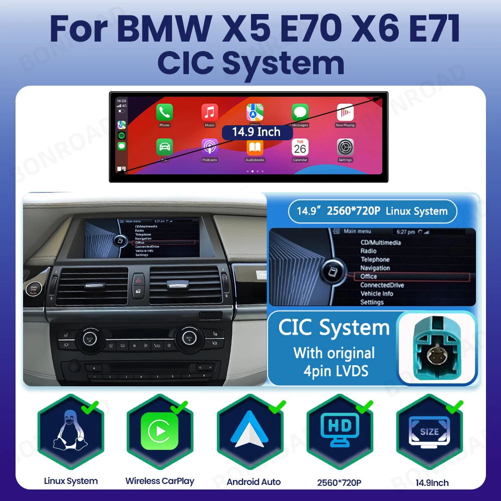 BONROAD Linux 14.9" 2560*720P autoradio multimediasysteem touchscreen display draadloze CarPlay Android Auto voor BMW X5 E70 X6 E71 Navi