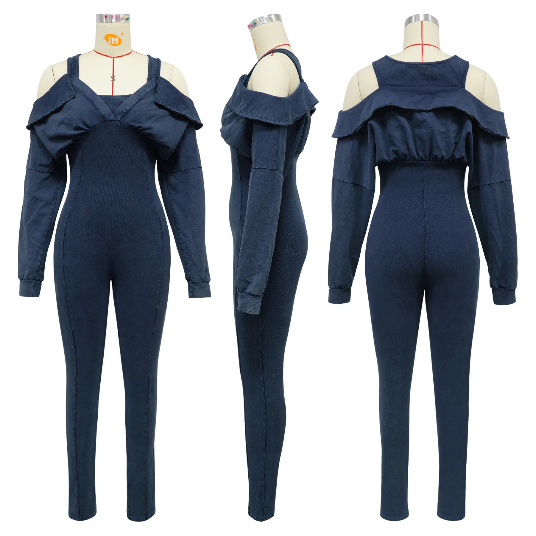 เซ็กซี่Ribbed Distressed Jumpsuits One Pieceชุด2024ผู้หญิงฤดูใบไม้ร่วงRomper Club Elegant Bodyconหรูหราปิดไหล่Jumpsuits