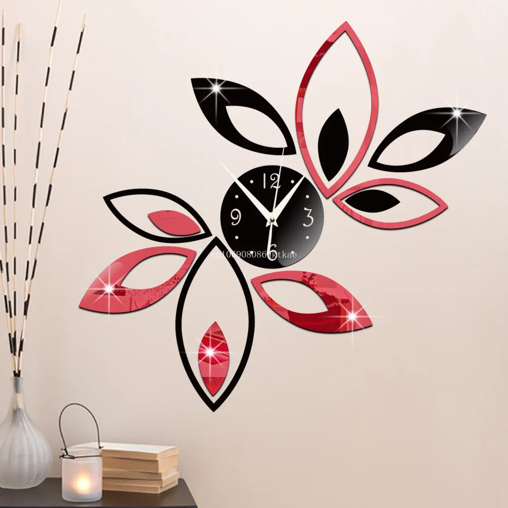 

Wall Clocks Mirror Frameless Leaves Large Wall Clock Home Decor Multicolor Leave 3D Acrylic Mirrored Design Living Room Decor