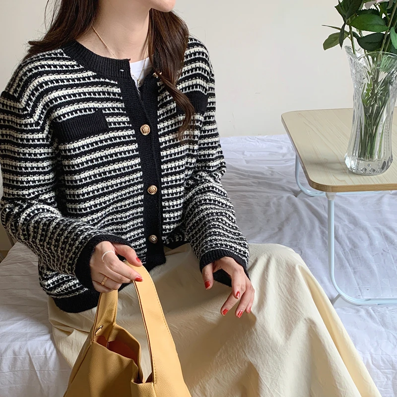 EHQAXIN – Cardigan ample en tricot pour femme, pull, manteau, taille unique, mode coréenne rétro rayé, tempérament, automne 2022