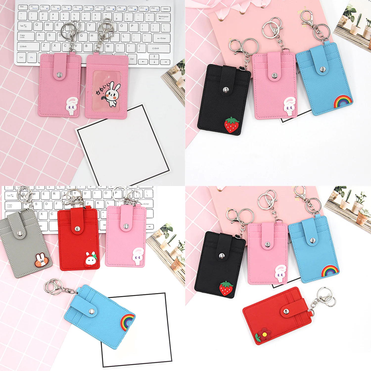 1Pc Bank Credit Card Holder Bus ID Cards Holders Women Men Fashion Card Bags Keychain Cute Cartoon Card Case Key Chain Ring