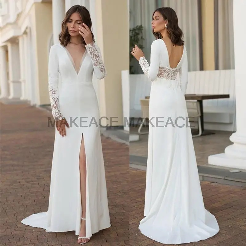 

Suknie ślubne Boho Mermaid Lace Appliques V-Neck Middle Slit Long Sleeve Crepe Suknie ślubne فساتين السهرة платье Bride Dress